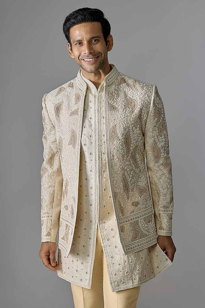 Creamish Gold Tissue Pearl Embellished Wedding Indowestern Set by RE CHANNEL at Pernia's Pop Up Shop
