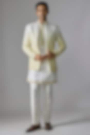 Yellowish Green Textured Fabric Sequins Embroidered Indowestern Set by RE CHANNEL at Pernia's Pop Up Shop