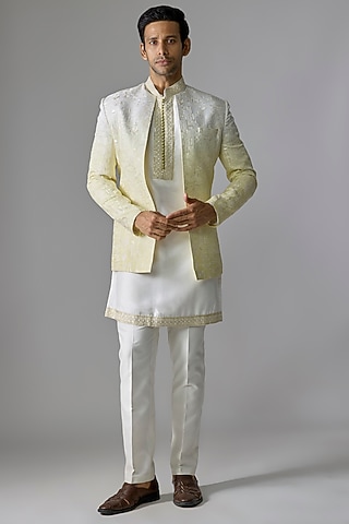 Yellowish Green Textured Fabric Sequins Embroidered Indowestern Set by RE CHANNEL