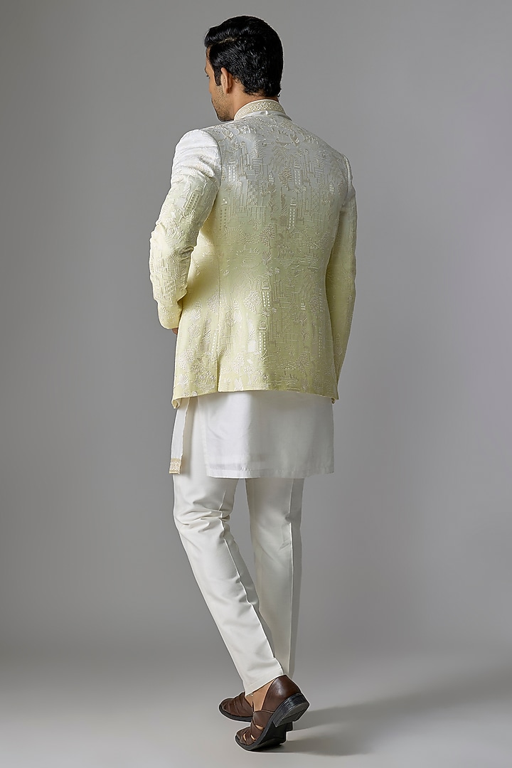 Yellowish Green Textured Fabric Sequins Embroidered Indowestern Set by RE CHANNEL at Pernia's Pop Up Shop