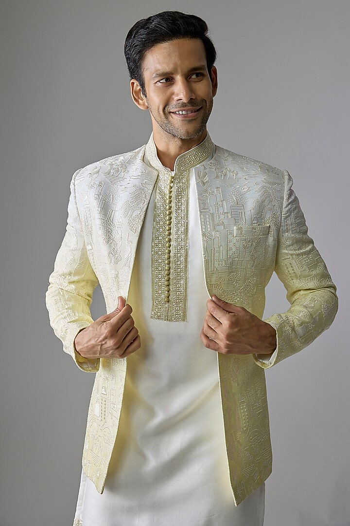 Yellowish Green Textured Fabric Sequins Embroidered Indowestern Set by RE CHANNEL at Pernia's Pop Up Shop