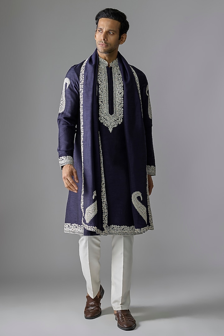 Blue Silk Thread Embroidered Kurta Set by RE CHANNEL at Pernia's Pop Up Shop