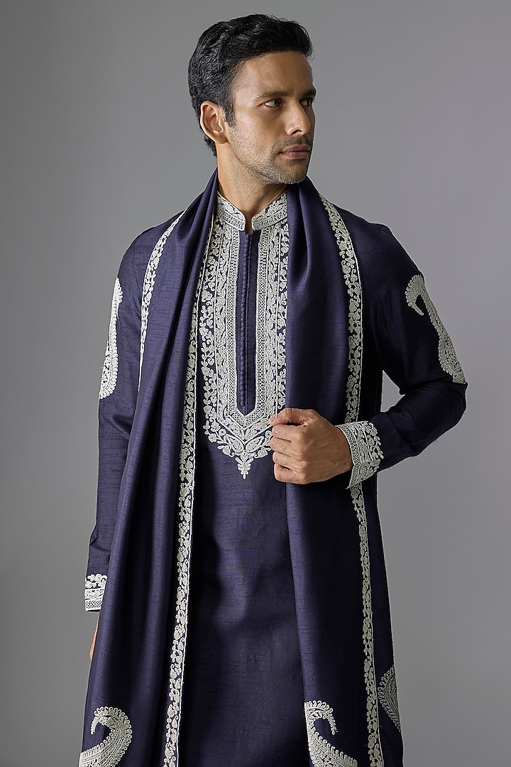 Blue Silk Thread Embroidered Kurta Set by RE CHANNEL at Pernia's Pop Up Shop