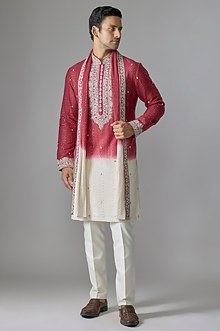 Red & White Ombre Silk Textured Sequins Embellished Kurta Set by RE CHANNEL