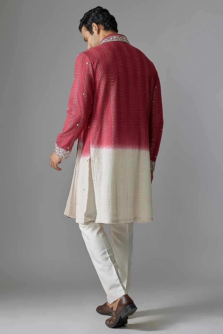 Red & White Ombre Silk Textured Sequins Embellished Kurta Set by RE CHANNEL at Pernia's Pop Up Shop