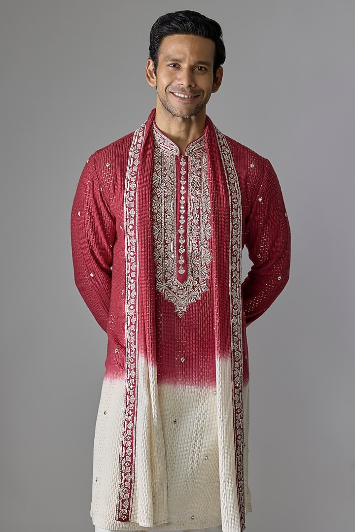Red & White Ombre Silk Textured Sequins Embellished Kurta Set by RE CHANNEL at Pernia's Pop Up Shop