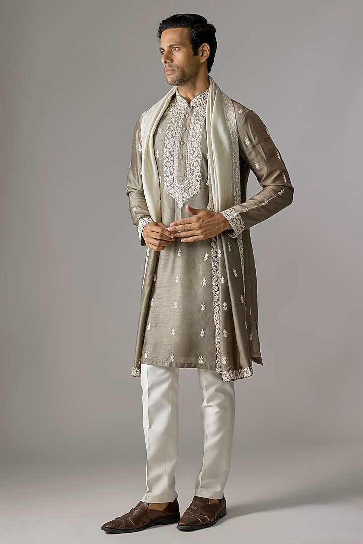 Greyish Green Premium Silk Thread Embroidered Kurta Set by RE CHANNEL at Pernia's Pop Up Shop