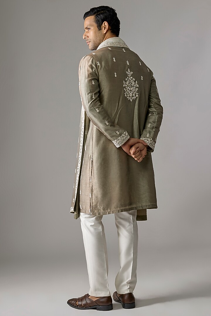 Greyish Green Premium Silk Thread Embroidered Kurta Set by RE CHANNEL at Pernia's Pop Up Shop