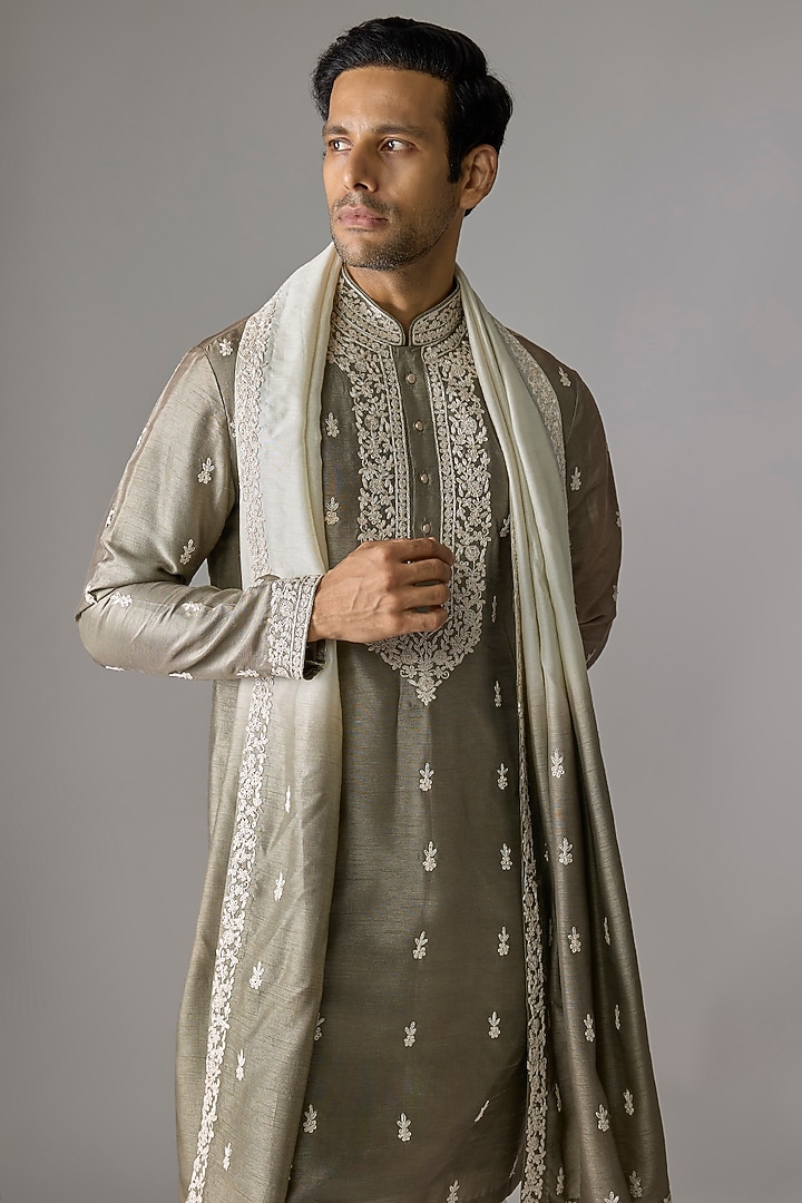 Greyish Green Premium Silk Thread Embroidered Kurta Set by RE CHANNEL at Pernia's Pop Up Shop