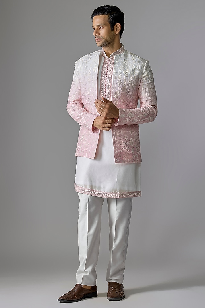 White & Pink Ombre Textured Thread Embroidered Indowestern Set by RE CHANNEL at Pernia's Pop Up Shop
