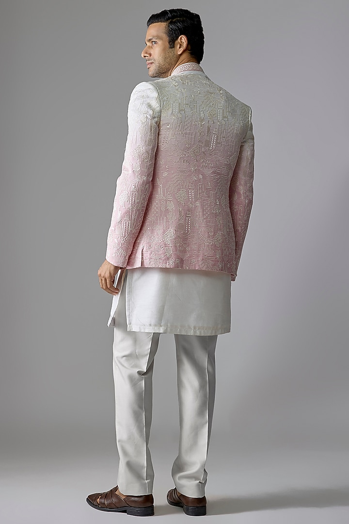 White & Pink Ombre Textured Thread Embroidered Indowestern Set by RE CHANNEL at Pernia's Pop Up Shop