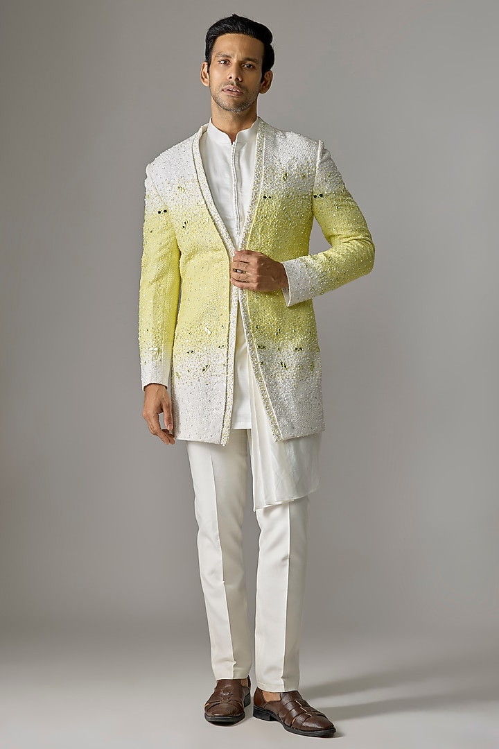White & Yellow Textured Fabric Cutdana Embroidered Wedding Indowestern Set by RE CHANNEL at Pernia's Pop Up Shop