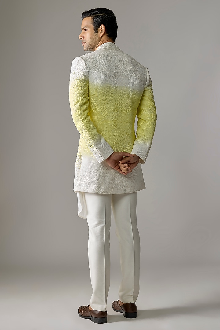 White & Yellow Textured Fabric Cutdana Embroidered Wedding Indowestern Set by RE CHANNEL at Pernia's Pop Up Shop
