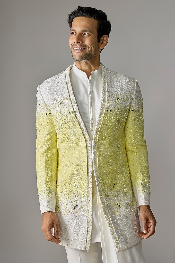 White & Yellow Textured Fabric Cutdana Embroidered Wedding Indowestern Set by RE CHANNEL at Pernia's Pop Up Shop