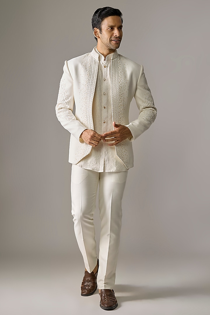 Cream Textured Fabric Pearl Embroidered Wedding Indowestern Set by RE CHANNEL at Pernia's Pop Up Shop