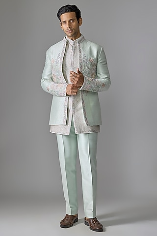 Mint Green Silk Sequins Embroidered Indowestern Set by RE CHANNEL