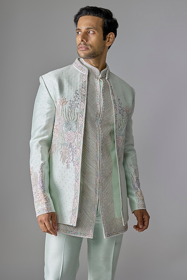 Mint Green Silk Sequins Embroidered Wedding Indowestern Set by RE CHANNEL at Pernia's Pop Up Shop