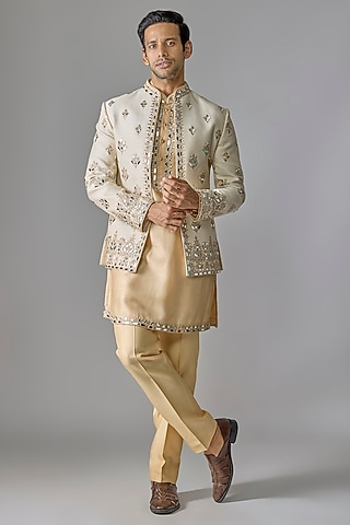 Cream Tissue Mirror Embroidered Indowestern Set by RE CHANNEL