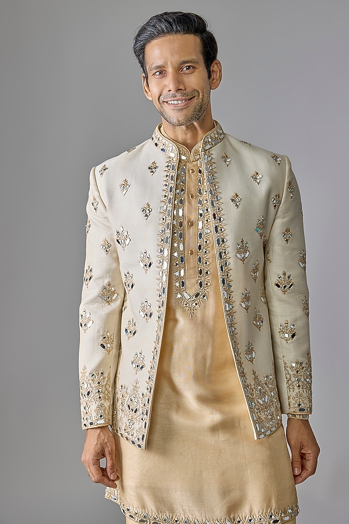 Cream Tissue Mirror Embroidered Wedding Indowestern Set by RE CHANNEL at Pernia's Pop Up Shop