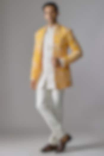 Yellow Imported Fabric Mirror Embroidered Wedding Indowestern Set by RE CHANNEL at Pernia's Pop Up Shop