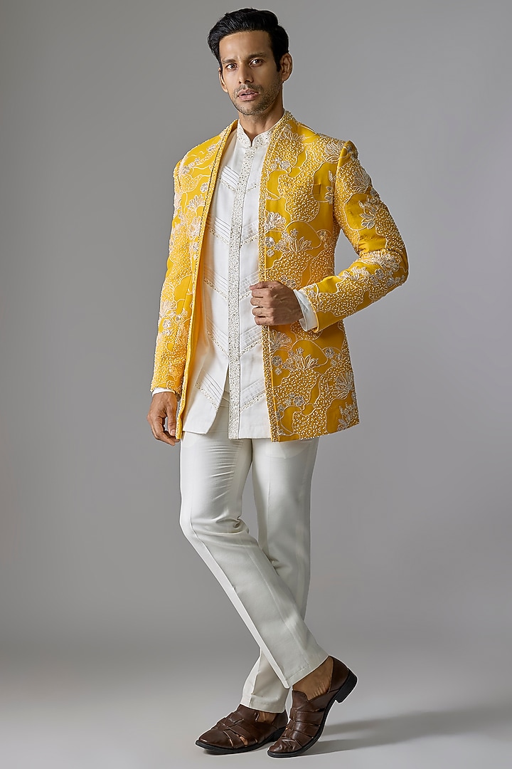 Yellow Imported Fabric Mirror Embroidered Wedding Indowestern Set by RE CHANNEL at Pernia's Pop Up Shop