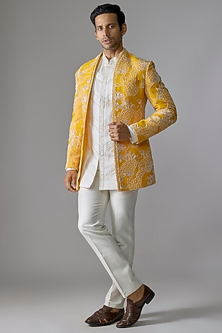 Yellow Imported Fabric Mirror Embroidered Indowestern Set by RE CHANNEL