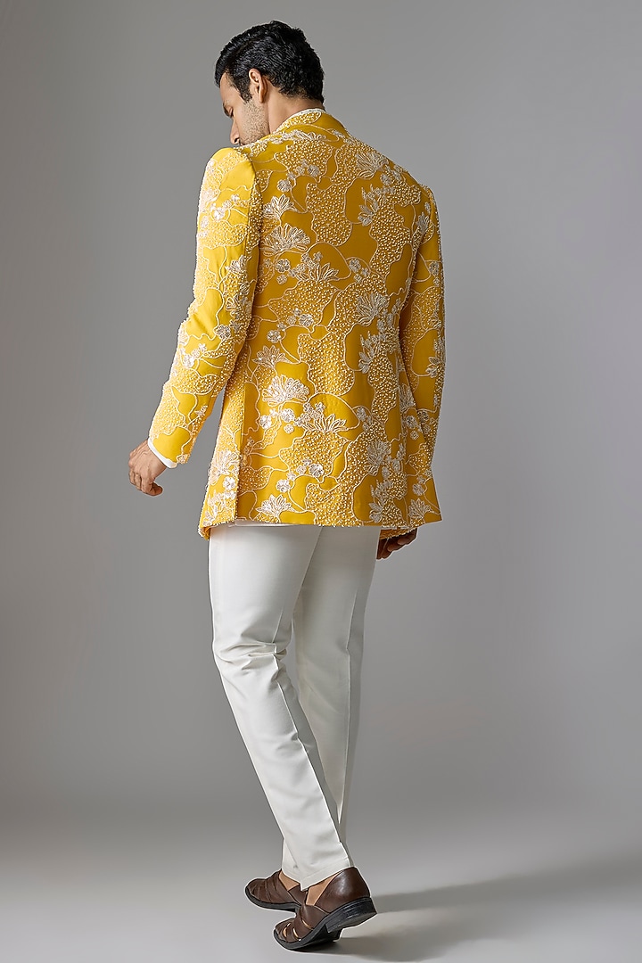 Yellow Imported Fabric Mirror Embroidered Wedding Indowestern Set by RE CHANNEL at Pernia's Pop Up Shop