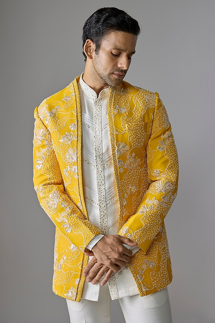 Yellow Imported Fabric Mirror Embroidered Wedding Indowestern Set by RE CHANNEL at Pernia's Pop Up Shop
