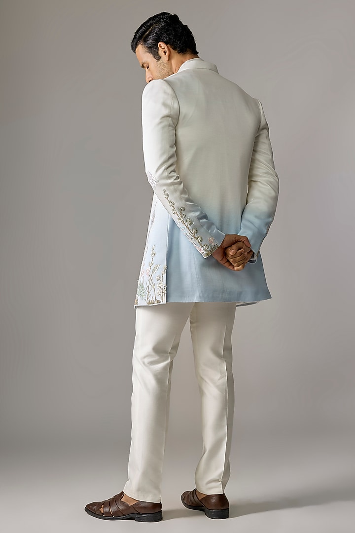 White & Blue Silk Sequins Embroidered Wedding Indowestern Set by RE CHANNEL at Pernia's Pop Up Shop