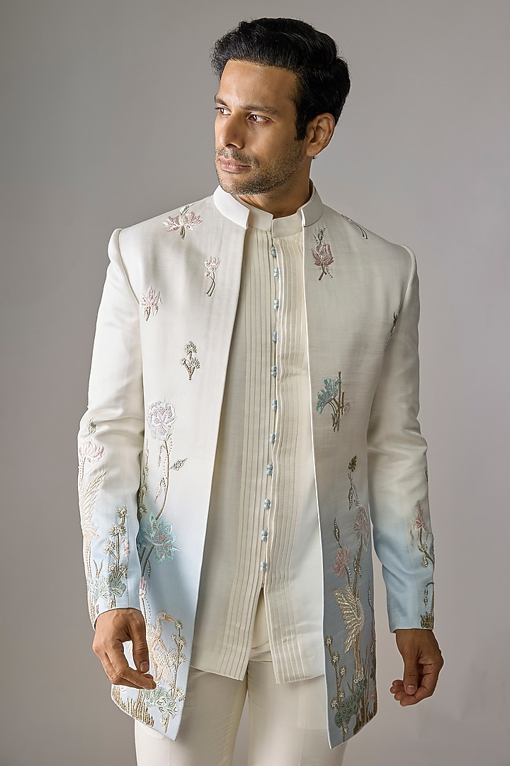 White & Blue Silk Sequins Embroidered Wedding Indowestern Set by RE CHANNEL at Pernia's Pop Up Shop