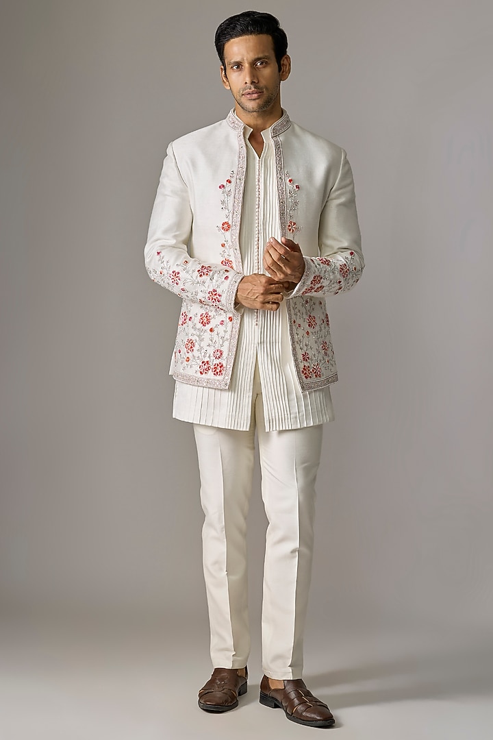 White Silk Cutdana Embroidered Wedding Indowestern Set by RE CHANNEL at Pernia's Pop Up Shop