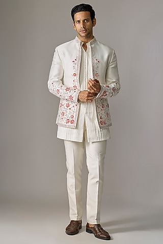 White Silk Cutdana Embroidered Indowestern Set by RE CHANNEL