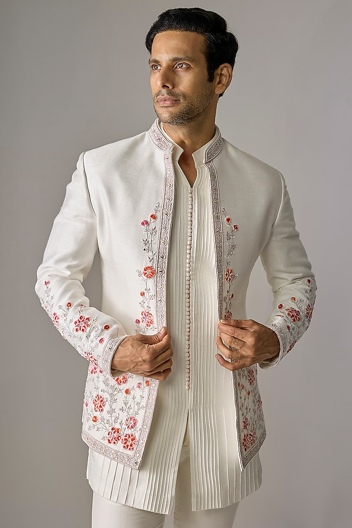 White Silk Cutdana Embroidered Wedding Indowestern Set by RE CHANNEL at Pernia's Pop Up Shop