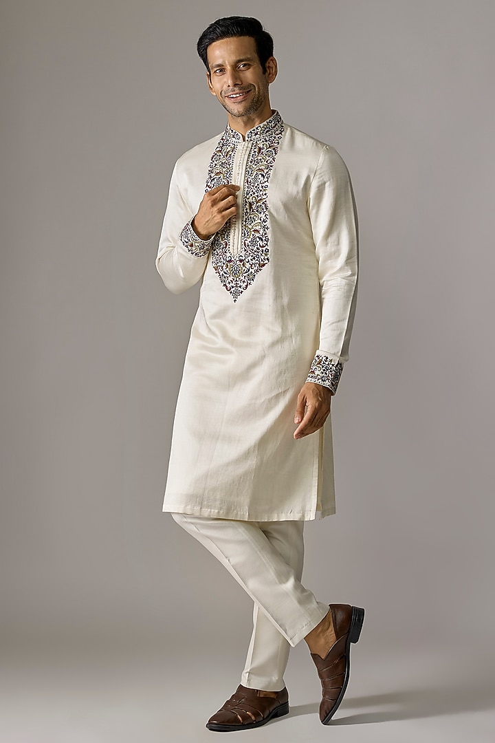 Cream Slub Satin Zari Embroidered Kurta Set by RE CHANNEL at Pernia's Pop Up Shop