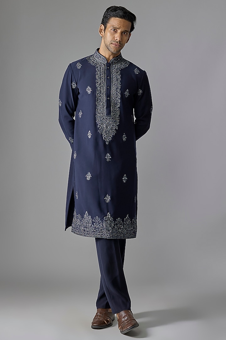 Blue Japanese Fabric Zari Embroidered Kurta Set by RE CHANNEL at Pernia's Pop Up Shop