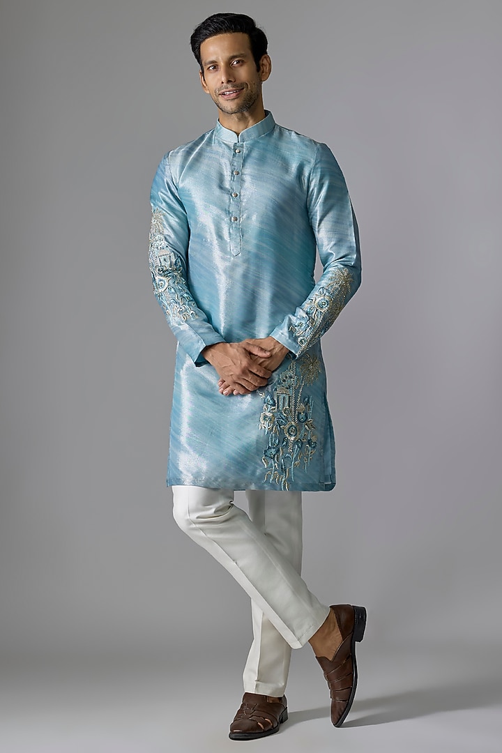 Blue Tissue Resham Embroidered Kurta Set by RE CHANNEL at Pernia's Pop Up Shop