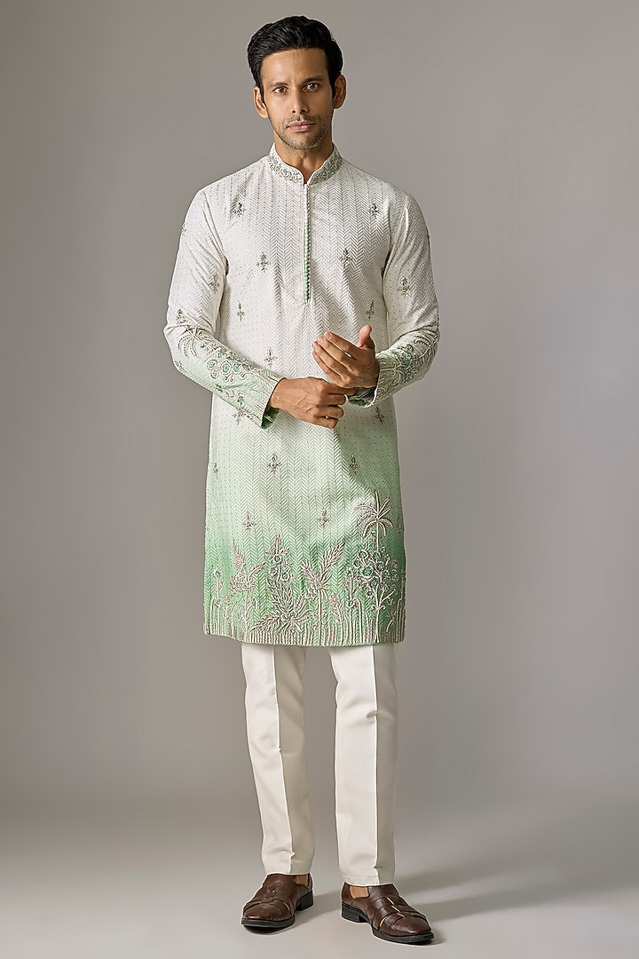 White & Green Textured Fabric Zari Embroidered Kurta Set by RE CHANNEL at Pernia's Pop Up Shop
