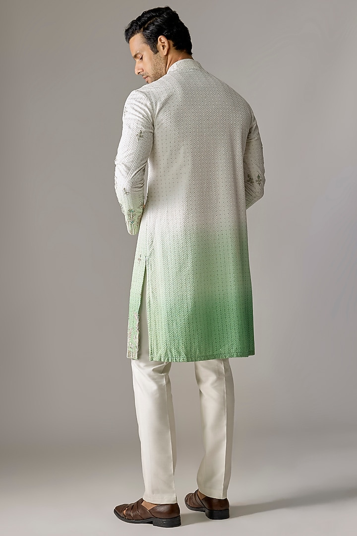 White & Green Textured Fabric Zari Embroidered Kurta Set by RE CHANNEL at Pernia's Pop Up Shop