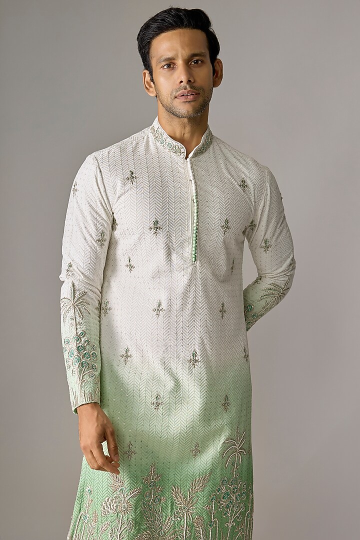 White & Green Textured Fabric Zari Embroidered Kurta Set by RE CHANNEL at Pernia's Pop Up Shop