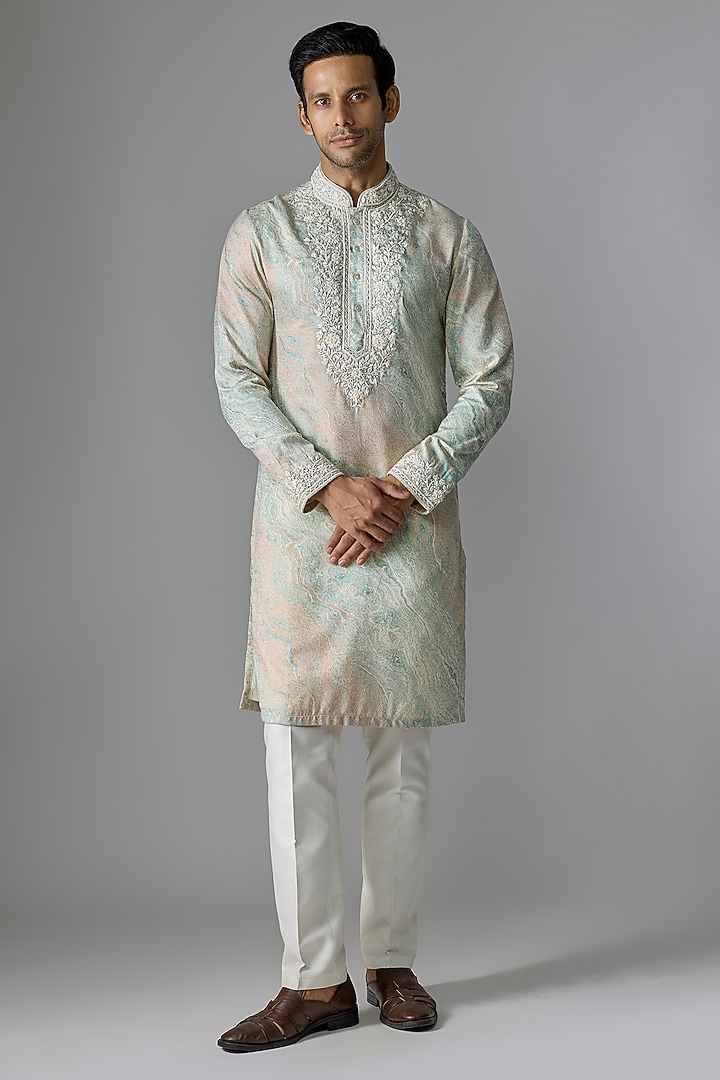 Peach Textured Fabric Cutdana Embroidered Kurta Set by RE CHANNEL at Pernia's Pop Up Shop