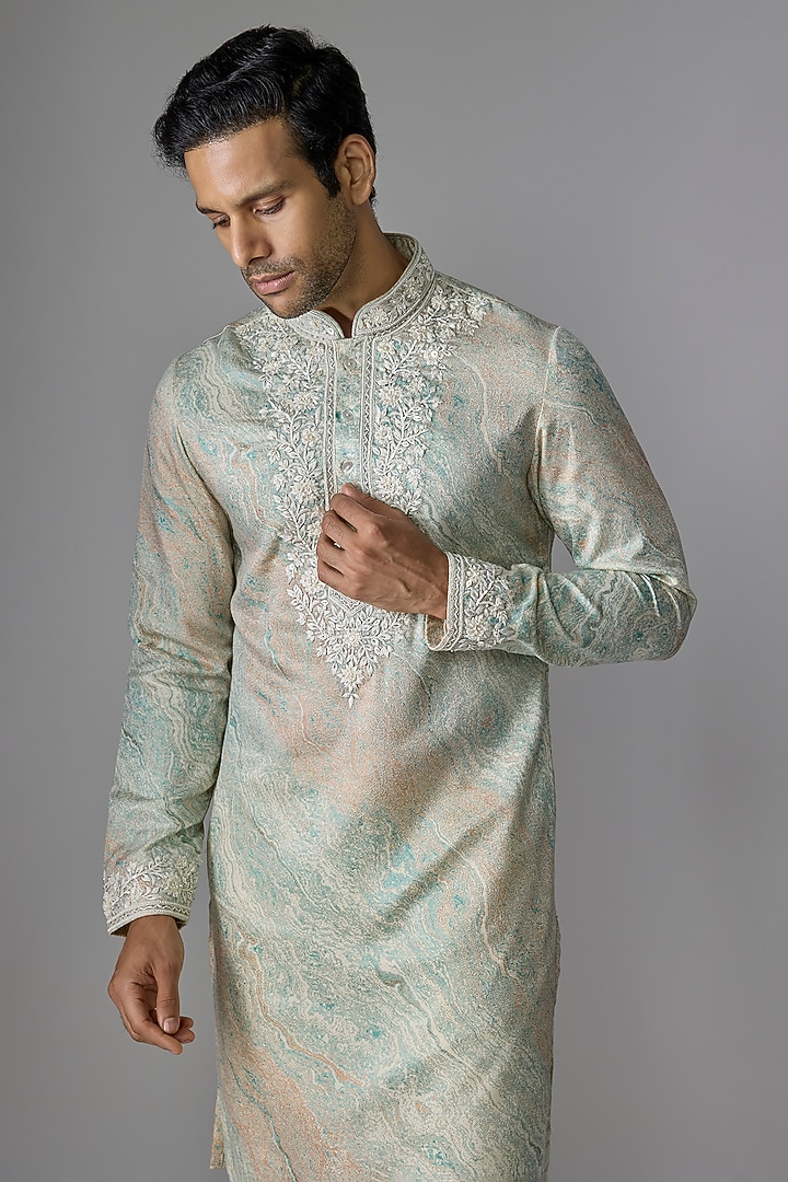 Peach Textured Fabric Cutdana Embroidered Kurta Set by RE CHANNEL at Pernia's Pop Up Shop