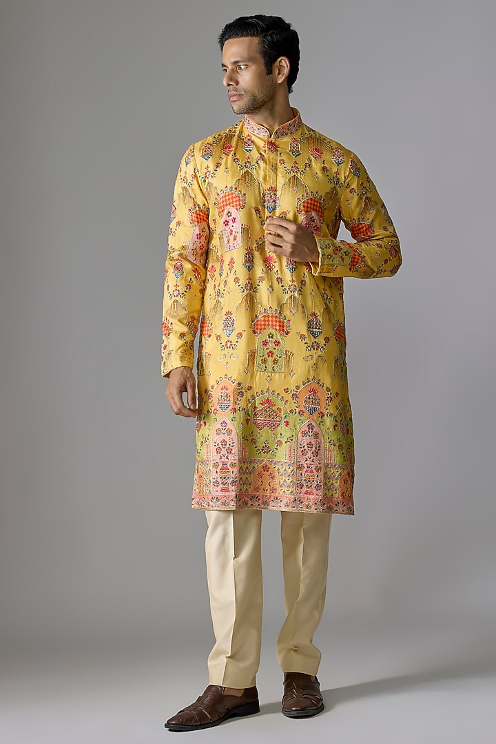 Yellow Premium Silk Digital Printed Kurta Set by RE CHANNEL at Pernia's Pop Up Shop