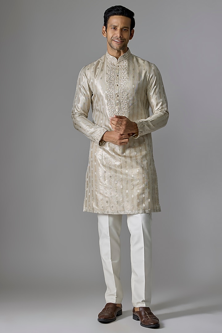 Light Gold Imported Fabric Cutdana Embroidered Kurta Set by RE CHANNEL at Pernia's Pop Up Shop