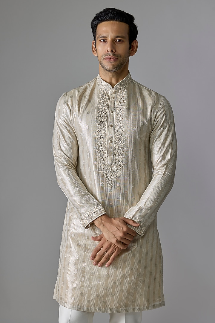 Light Gold Imported Fabric Cutdana Embroidered Kurta Set by RE CHANNEL at Pernia's Pop Up Shop
