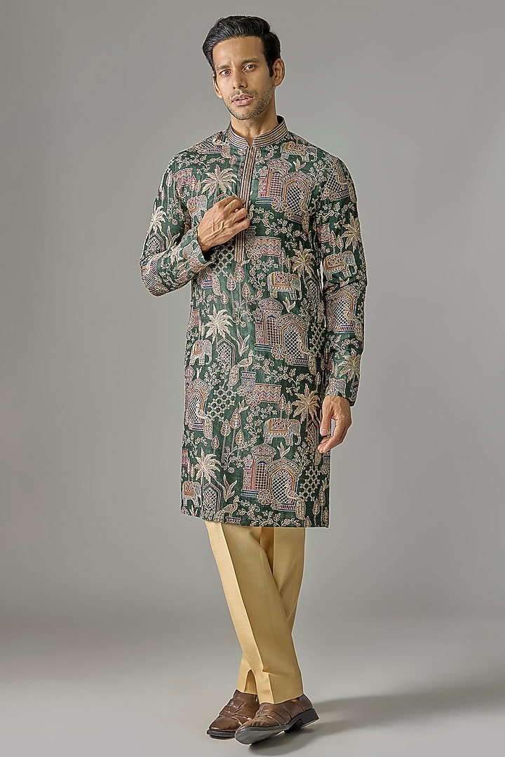 Dark Olive Silk Zari Embroidered Kurta Set by RE CHANNEL at Pernia's Pop Up Shop