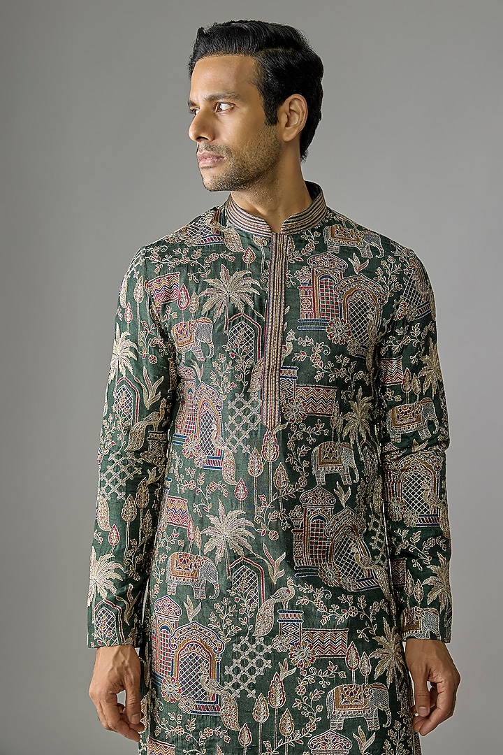 Dark Olive Silk Zari Embroidered Kurta Set by RE CHANNEL at Pernia's Pop Up Shop