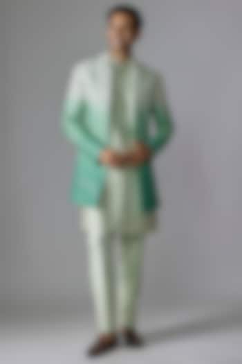 Green Textured Silk Cutdana Embroidered Wedding Indowestern Set by RE CHANNEL at Pernia's Pop Up Shop