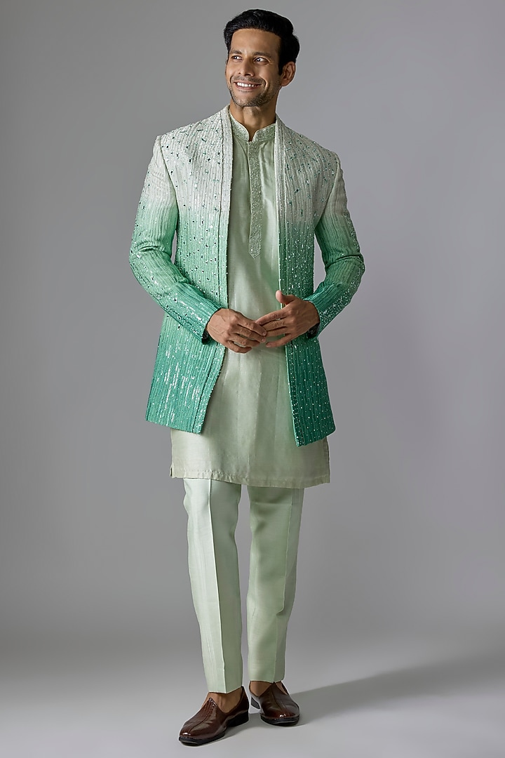 Green Textured Silk Cutdana Embroidered Wedding Indowestern Set by RE CHANNEL at Pernia's Pop Up Shop