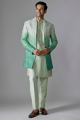 Green Textured Silk Cutdana Embroidered Indowestern Set by RE CHANNEL