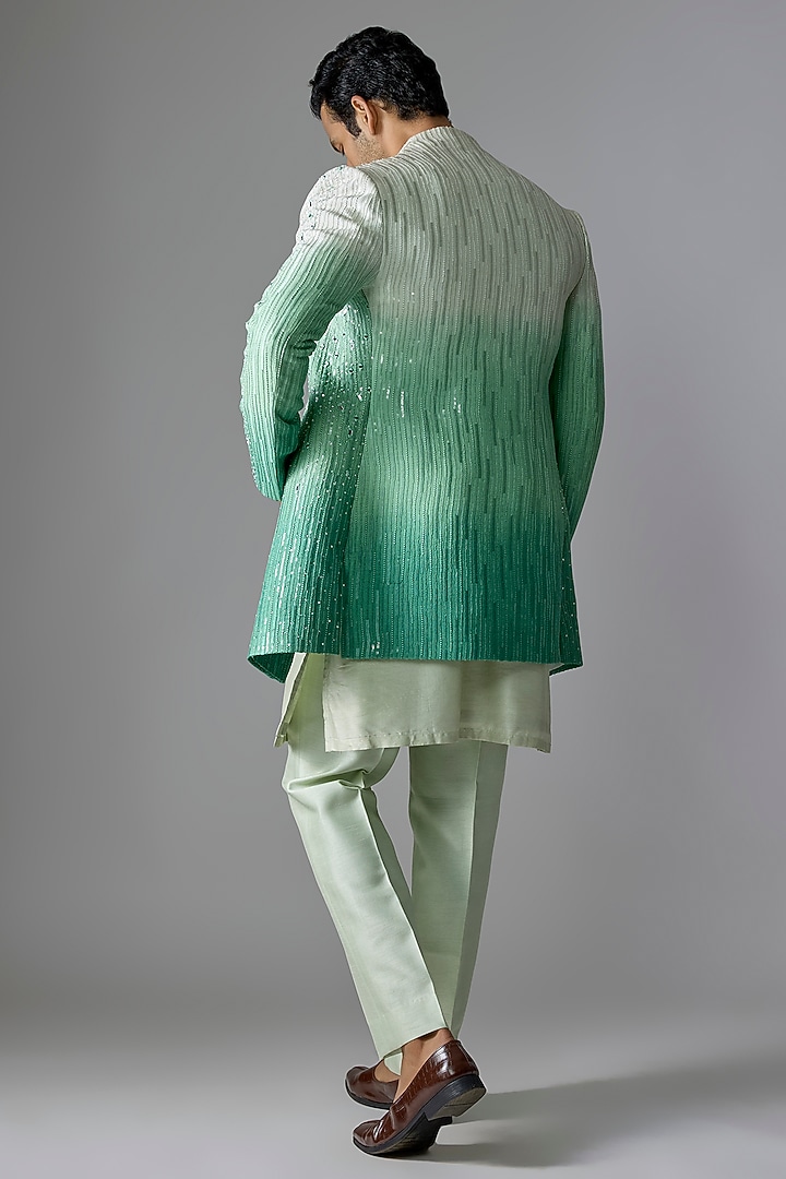 Green Textured Silk Cutdana Embroidered Wedding Indowestern Set by RE CHANNEL at Pernia's Pop Up Shop